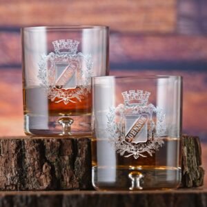Jersey-llc Engraved Family Crest Crystal Whiskey Glass Set